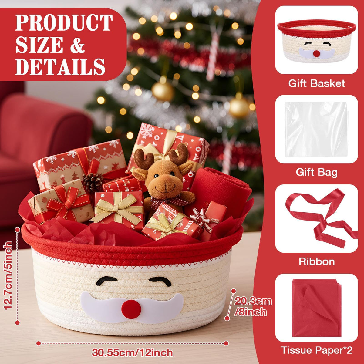 Zopeal Christmas Woven Basket with Gift Bag, Ribbon and Red Tissue Paper Santa Emoticon Woven Storage Bin Empty Basket Holiday Decorative for Xmas Gifts, 12 x 8 x 5 inch