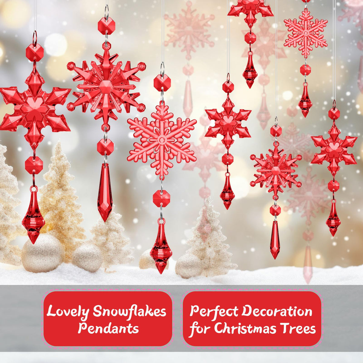 Boao Red 15 Pcs Crystal Snowflake Ornaments for Winter Acrylic Snowflake Decorations Wonderland for Party Favor Celebration