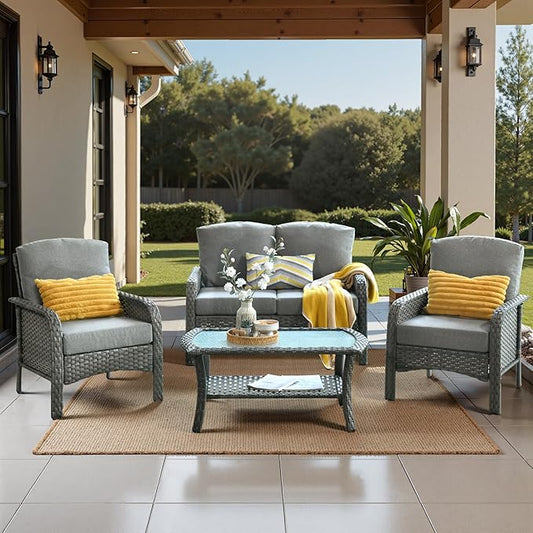 Wicker Patio Furniture Set High Back Loveseat Sofa Couch Armchair Coffee Table