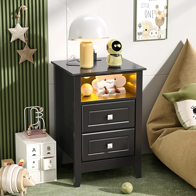 Bonnlo Led Nightstand with Charging Station, Night Stand Black Bedside Table