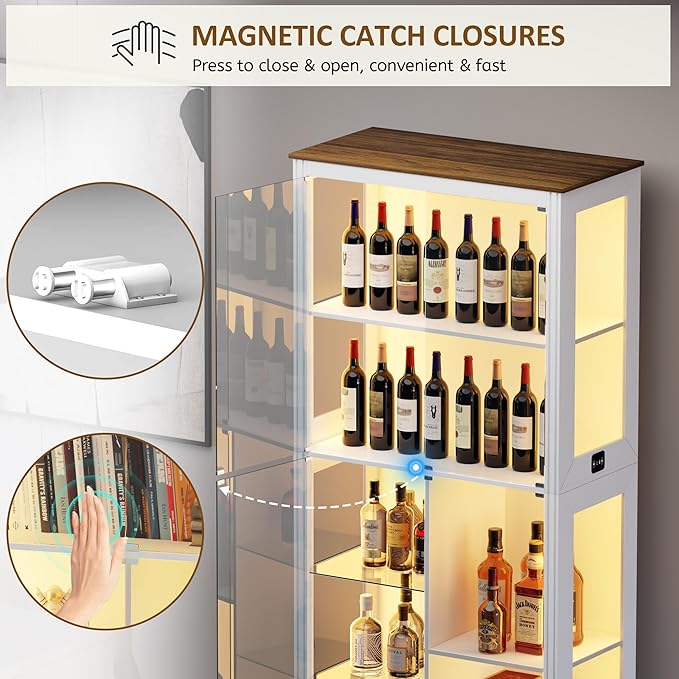 71” Display Cabinet with Glass Doors, Modern Curio Cabinet with 3 Color Lights