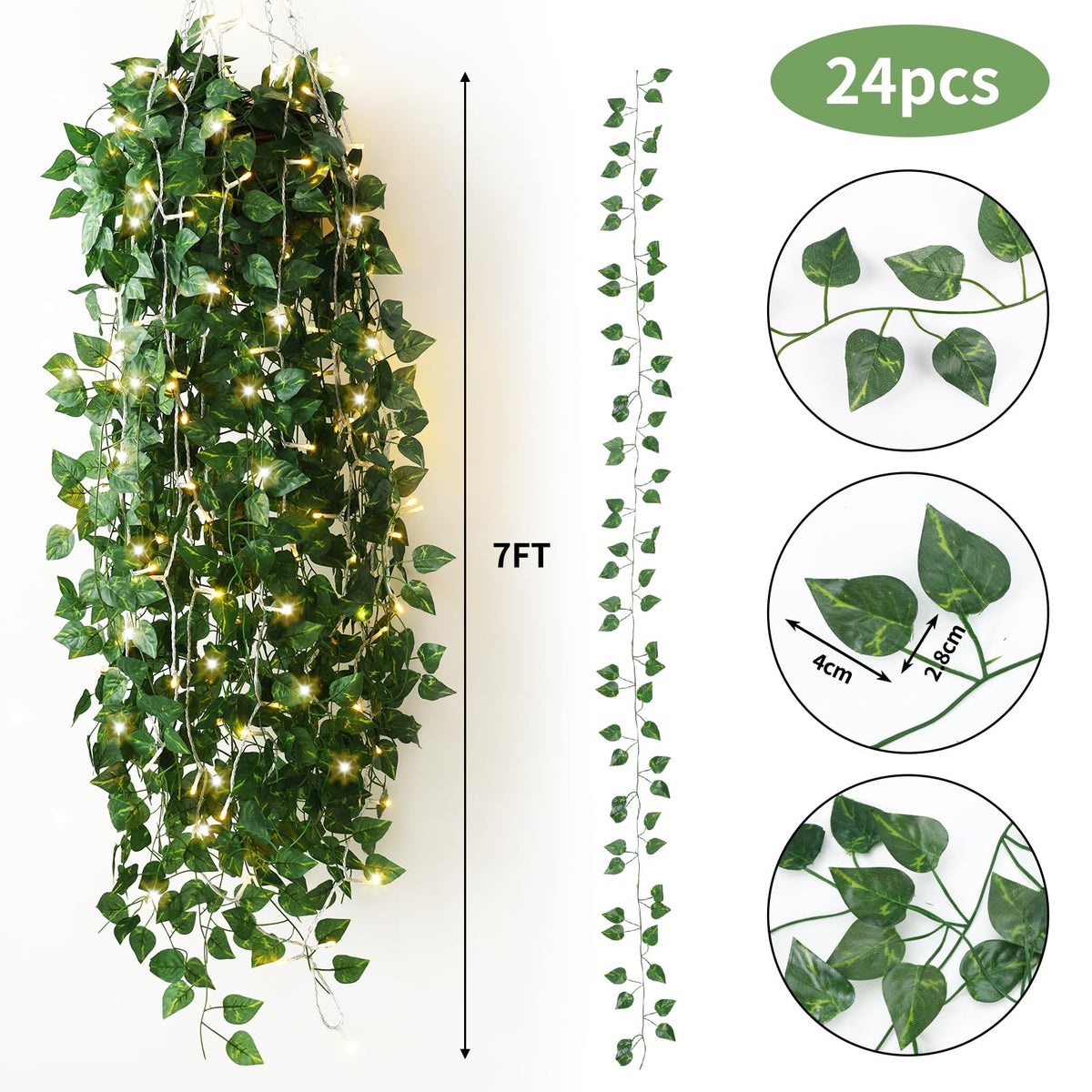 CEWOR 24 Pack 173ft Fake Ivy Vines, Artificial Ivy Garland with 200 LED String Lights, Hanging Plants Greenery Backdrop Green Leaves for Bedroom Room Wall Decor Wedding Party Table Decoration