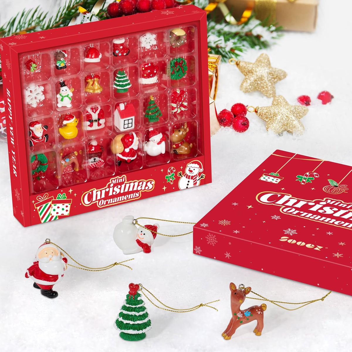 Mini Christmas Ornaments, Sooez Set of 24 Cute Miniature Resin Christmas Tree Ornament Figures Advent Calendar Fillers, Durable & Well-Crafted 3-D Figurines with Gold Loops for Easy Hanging