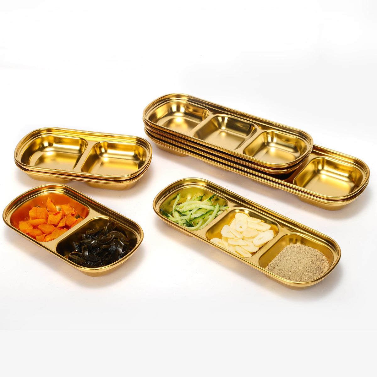 drizzle 10PCS Sauce Dish Stainless Steel Gold Soy Tomato Sauce Salt Vinegar Sugar Spices Flavor Condiment Dip Bowls Korean BBQ Home Kitchen Plates