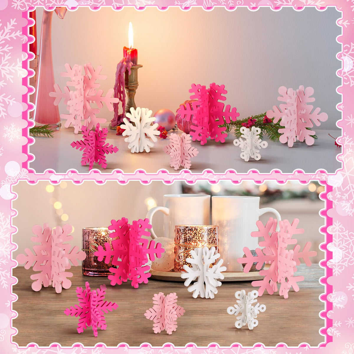 Wenqik 16 Pcs Winter Wooden Snowflake Decor Christmas Winter Snowflake Tabletop Decorations 3D Snow Table Signs Standing Centerpiece Xmas Tiered Tray Decorations for Party(White,Pink)
