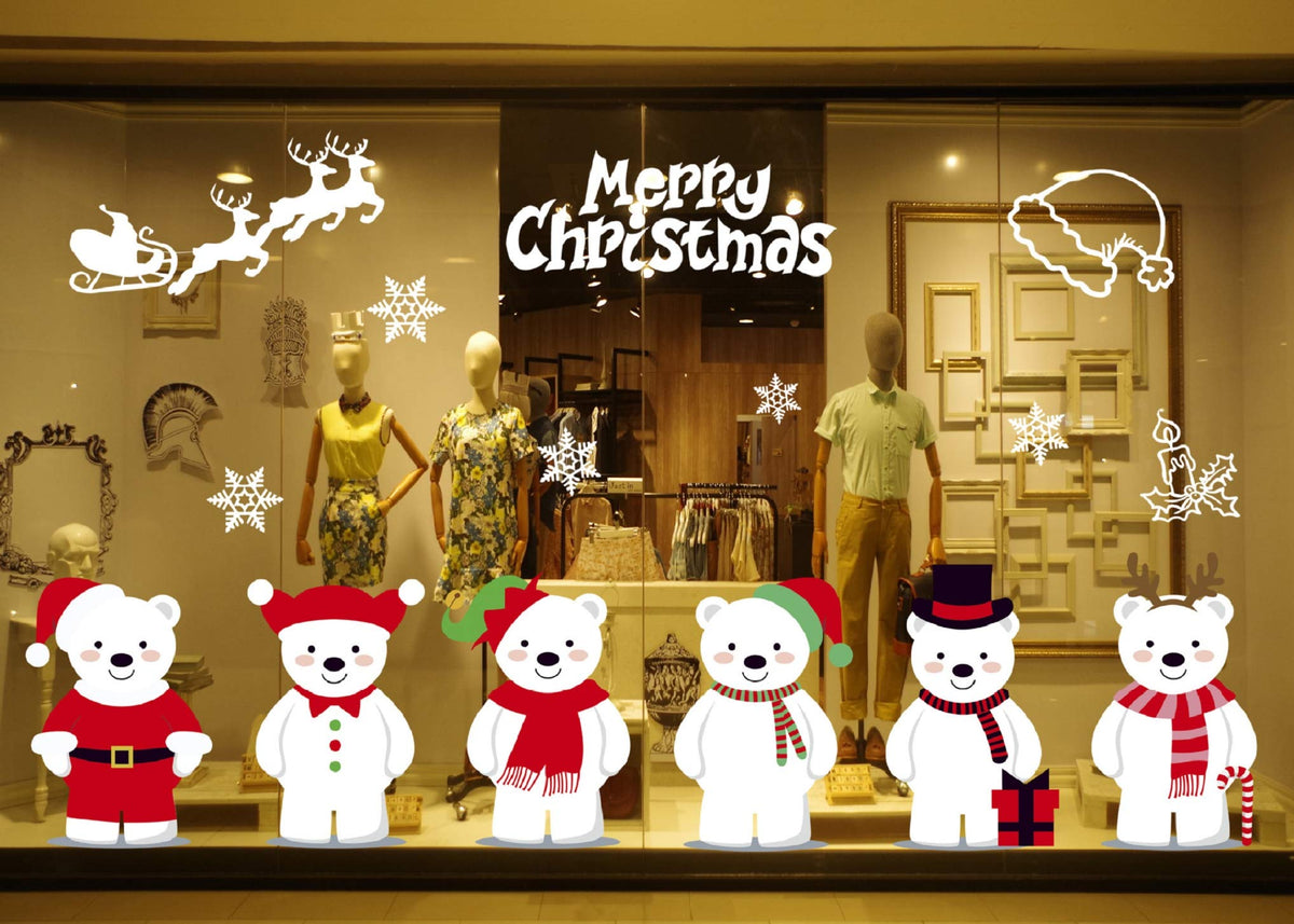 Yusongirl Christmas 6 Cute Bears Windows Stickers Decoration Snowflakes Bear Double Sided Electrostatic PVC Sticker Glass Door Fridge Showcase Window Clings Winter Holiday New Year Decals