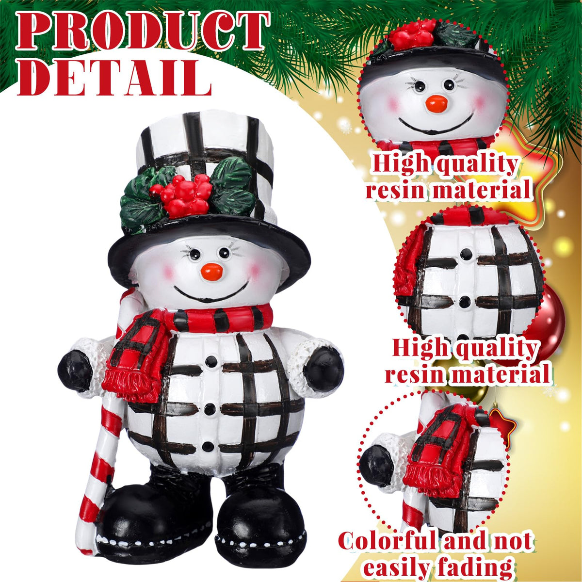 Moucuny 2 Pieces Winter Snowman Figurines Decorations Black and White Resin Snowman Winter Ornaments with Chef Hat Candy Bow Scarf Table Decor for Tabletop Office Shelf Gift Home Kitchen Mantle