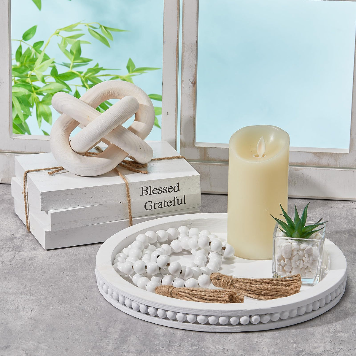 GlikCeil 6 Pcs Rustic Wooden Coffee Table Tray Decoration Set, Round Beaded Tray Wood Chain Bead Garland with Tassels and 3 Decorative Books for Farmhouse Living Room Home Decor(Thankful,White)