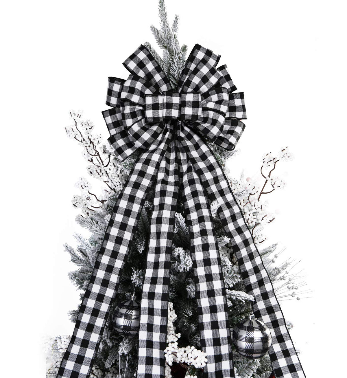 Christmas Checked Tree Topper,48x13 Inches Large Toppers Bow,Black and White Plaid Buffalo Decorative Bows for Christmas Decoration (Black and White Plaid)