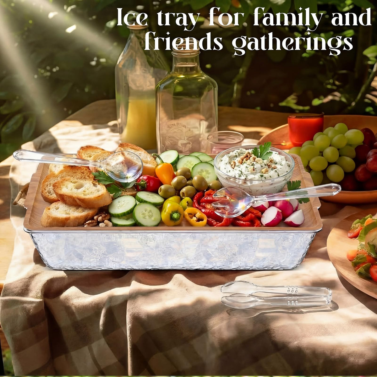 Baderke 1 Set 16" x 9" Chilled Serving Tray for Parties with Compartments Ice Chilled Party Crudite Platter Charcuterie Serving Board Cold Dish Dip Tableware for Seafood Vegetable (Light Wood)