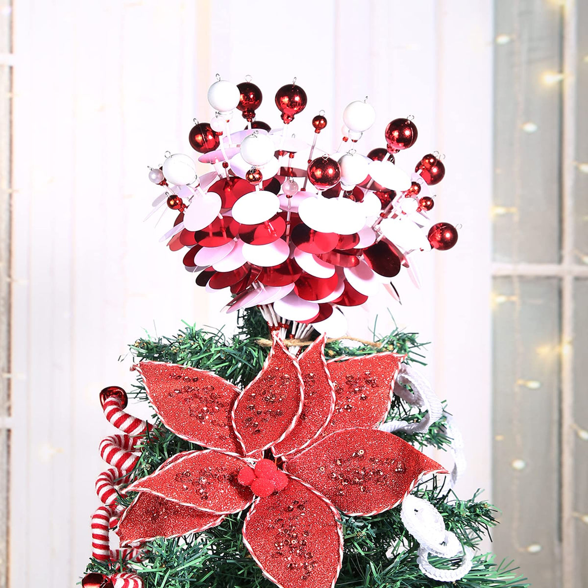 ZHANYIGY 6PC Set 12" H Red White Christmas Ornaments Sequins Ball Pick, Christmas Tree Decorations Christmas Tree Topper Star Home Office Perfect Party Decorations Gifts