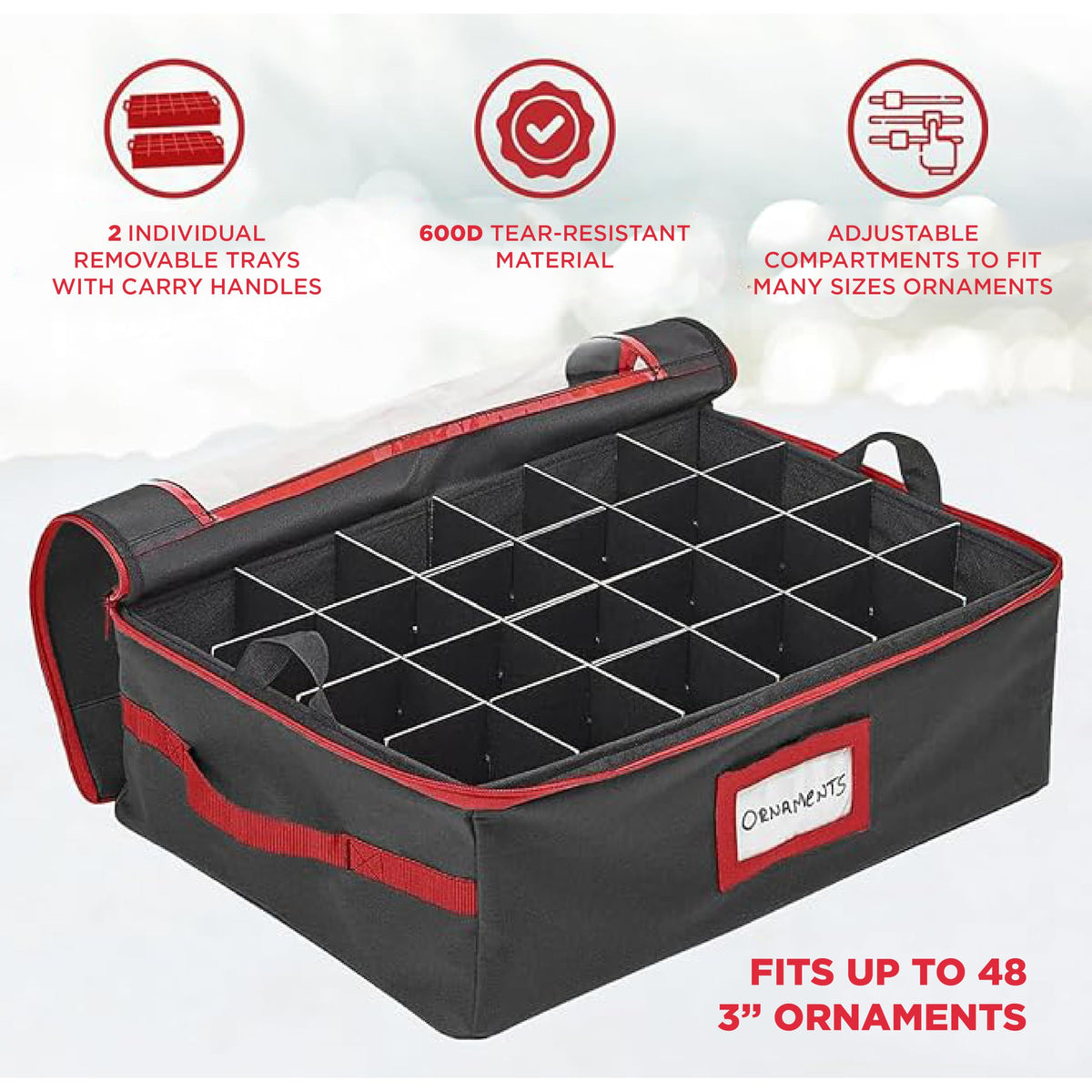 HOLDN’ STORAGE Christmas Ornament Storage Box with Dividers - Fits 48-3” Ornaments, 2 Removable Trays, Durable & Space-Saving, Clear Top Lid, Fits Underbed, Charcoal