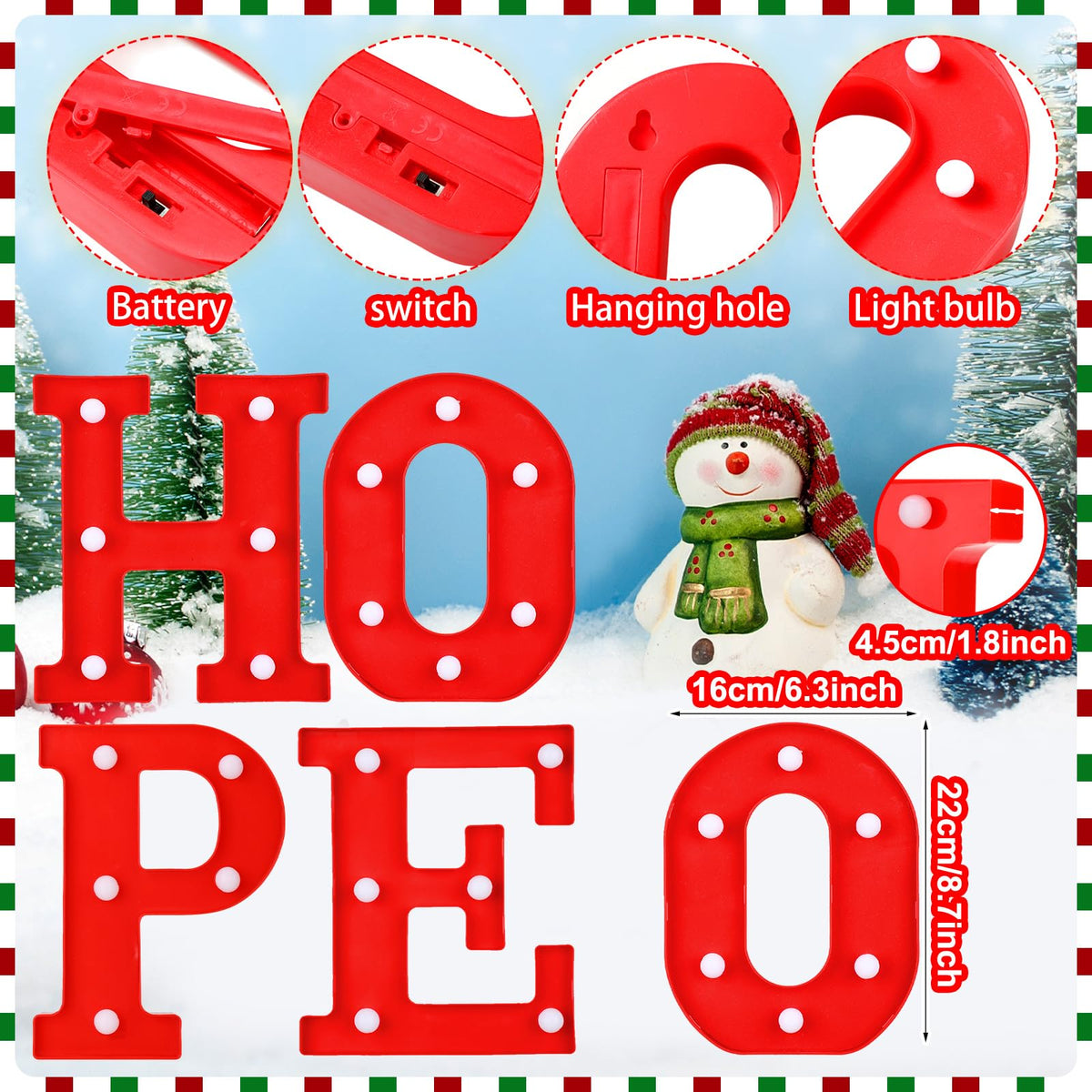 VIHOSE Christmas LED Letter Lights Sign Table Indoor Decoration Christmas Light up Letters Battery Powered Letter for Home Bar Party Bedroom Tabletop Indoor Decoration Gift (Hope)