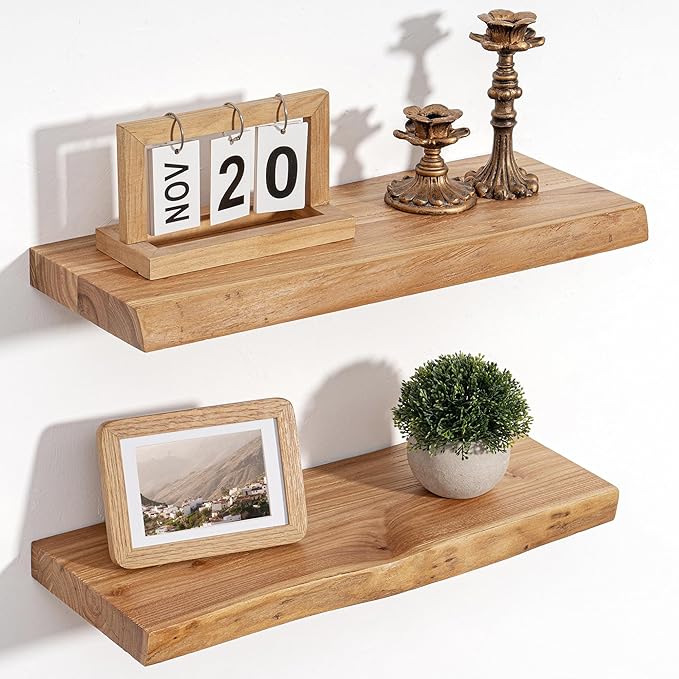 Floating Shelves for Wall Decor, Rustic Solid Elm Wood Live Edge Floating