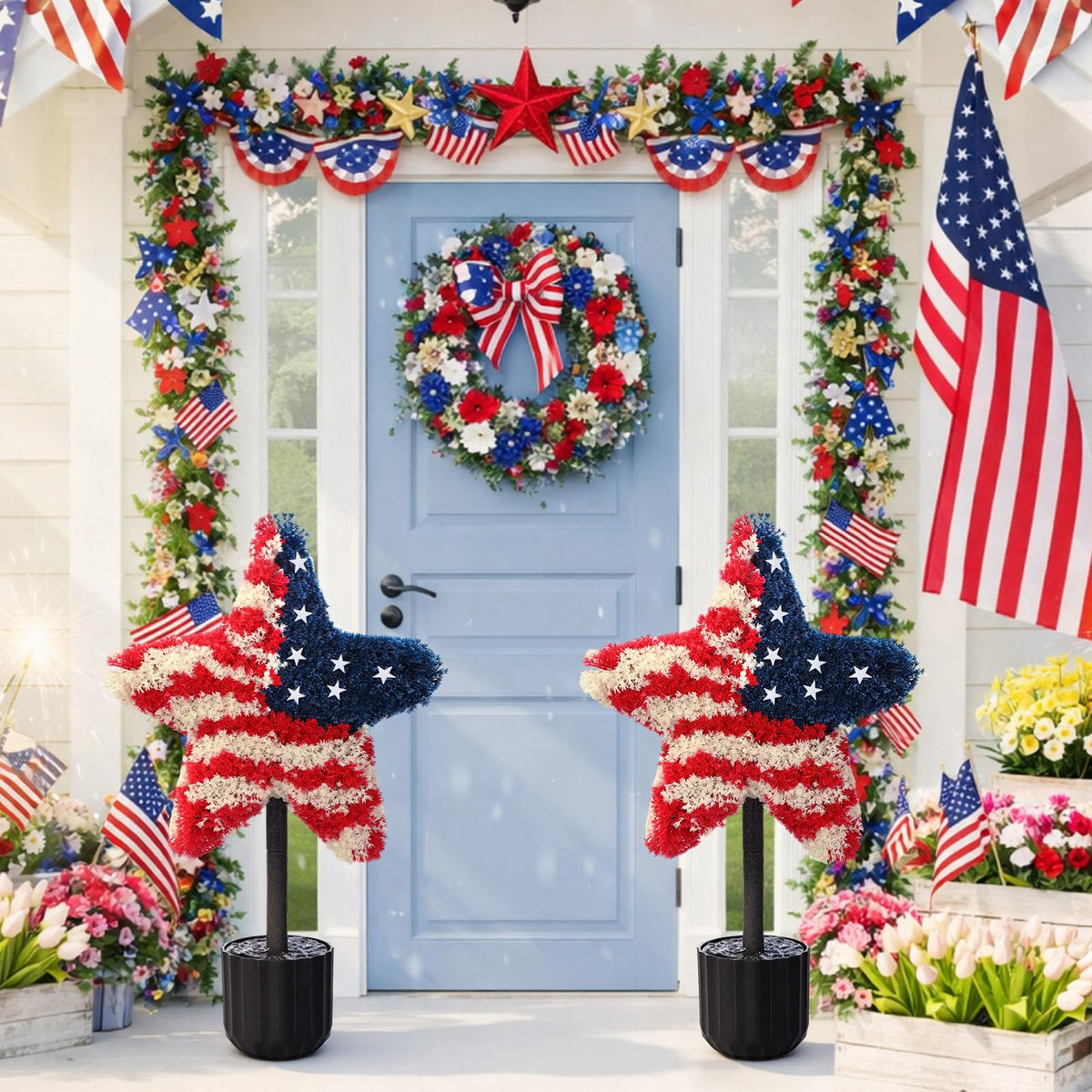 Sureio 2 Pack Patriotic Front Porch Decorations 25.6 Inch Red White Blue Star Topiary Trees for 4th of July Outdoor Decor Front Door Entryway Garden Independence Day