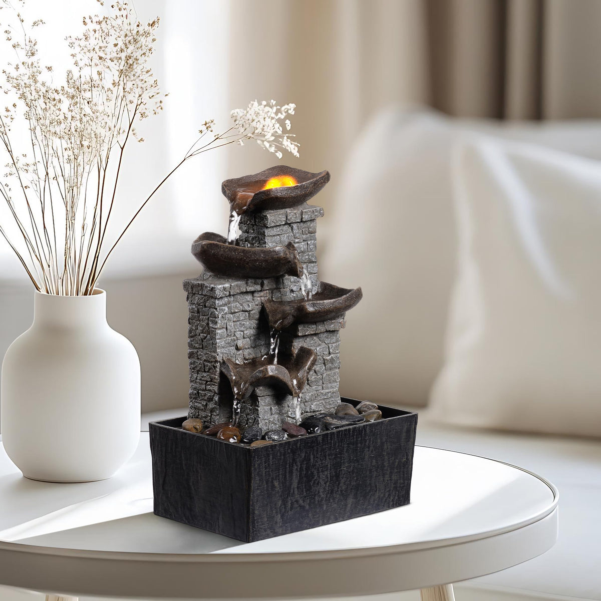 MAOCHI Tabletop Indoor Water Fountain Cascading with 3-Tier Bowl Brick Wall Design with LED Light Tabletop Zen Decor