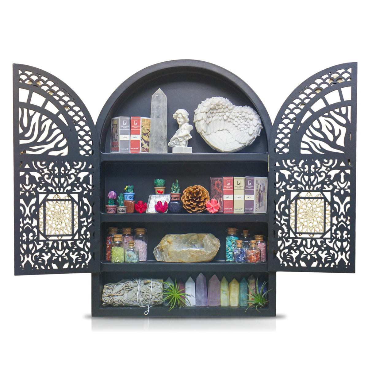 FNYDOX Large Crystal Display Shelf for Wall, Crescent Moon Phase Shelf Wall Decor, Wooden Arch Shelf, Tree of Life Crystal Holder Organizer, Cabinet for Gem Stone Rock, Spiritual Home Room Decor