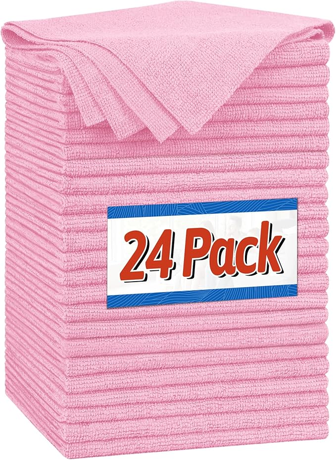 FIXSMITH Microfiber Cleaning Cloth, Shop Towels Bulk, 24 Pack Pink Microfiber