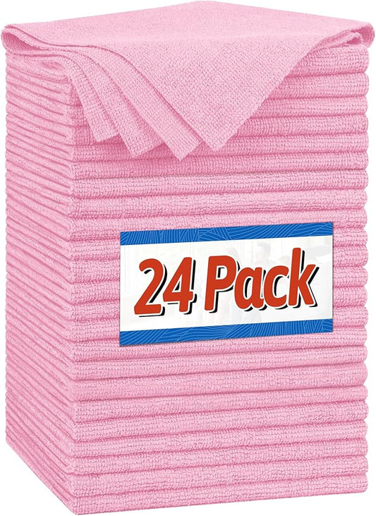 FIXSMITH Microfiber Cleaning Cloth, Shop Towels Bulk, 24 Pack Pink Microfiber