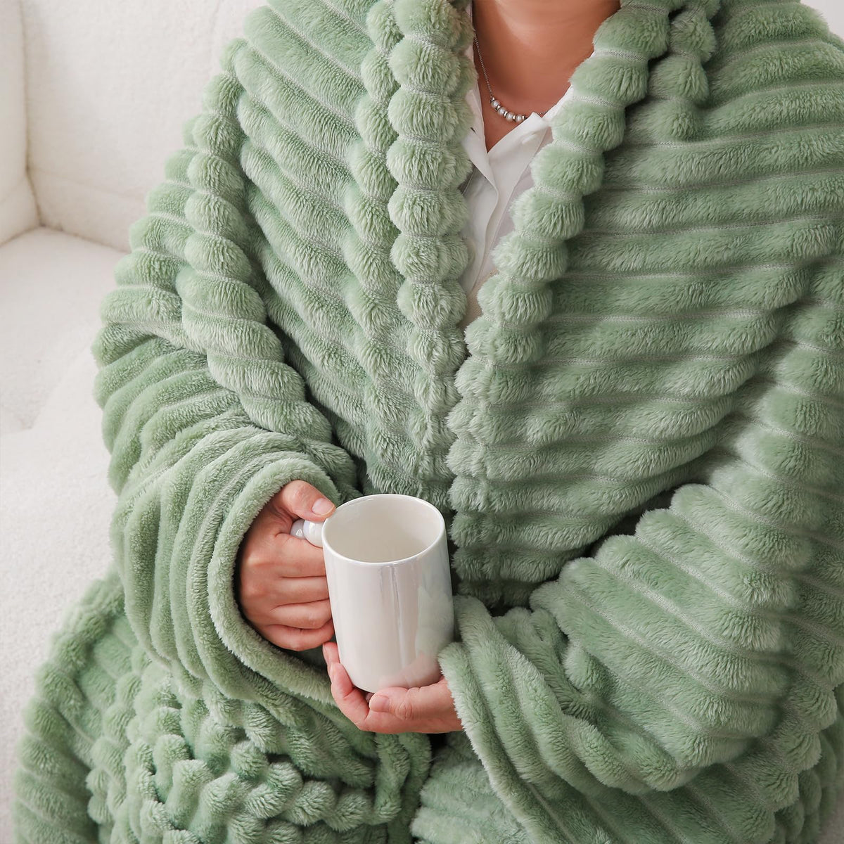 Linecooo Sage Green Fleece Throw Blanket 50”×60” for Couch Sofa Bed,Super Soft Cozy Plush Microfiber Flannel Blanket with Stripes Design Lightweight for Adults,Woman,Girls