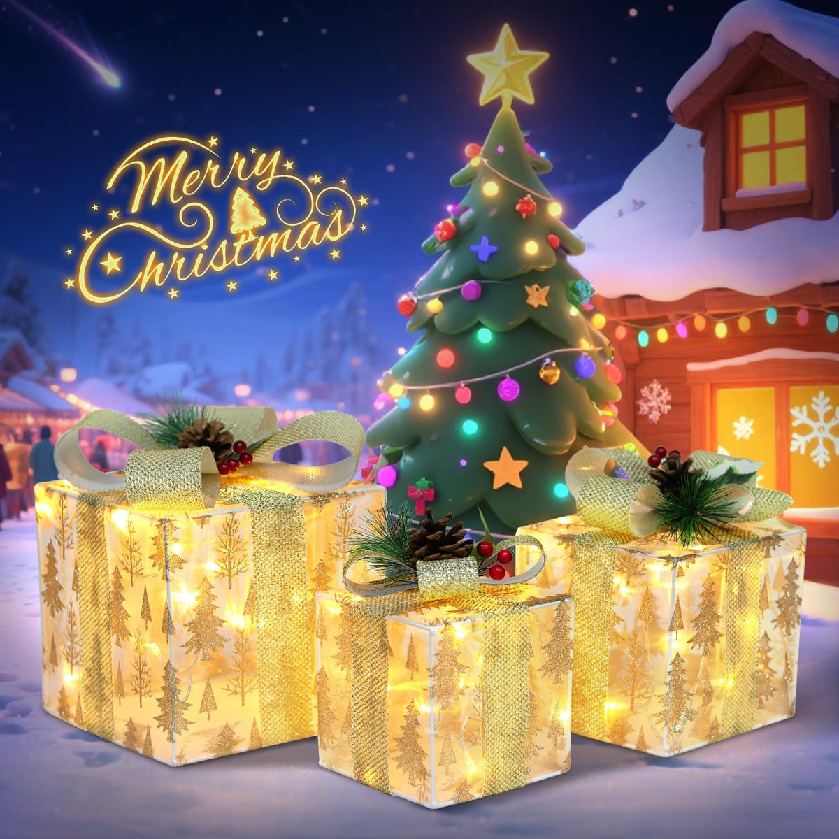 DomKom Set of 3 Nesting Christmas Lighted Gift Boxes - Indoor/Outdoor LED Present Decorations with Metal Frame, Silver Bows & Pinecone Accents - Pre-Lit Holiday Yard & Home Decor