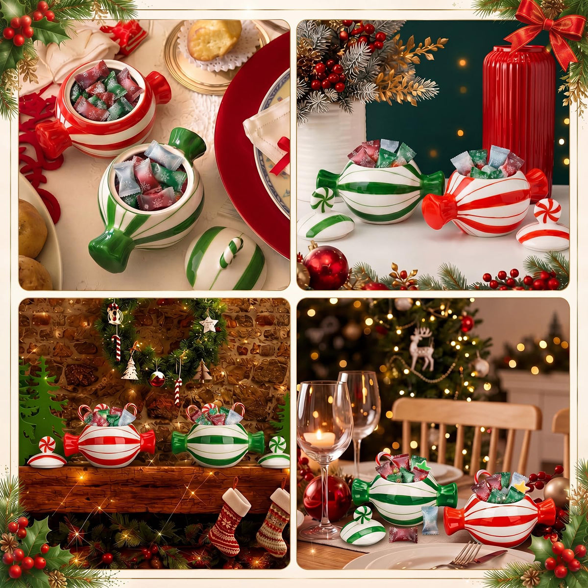 Yungyan 2 Pcs Christmas Candy Jars with Lid Ceramic Christmas Cookie Jar Red and Green Xmas Decor Coffee Cookie Sugar Storage Container for Snacks Kitchen Handcrafted Holiday Centerpiece Gift
