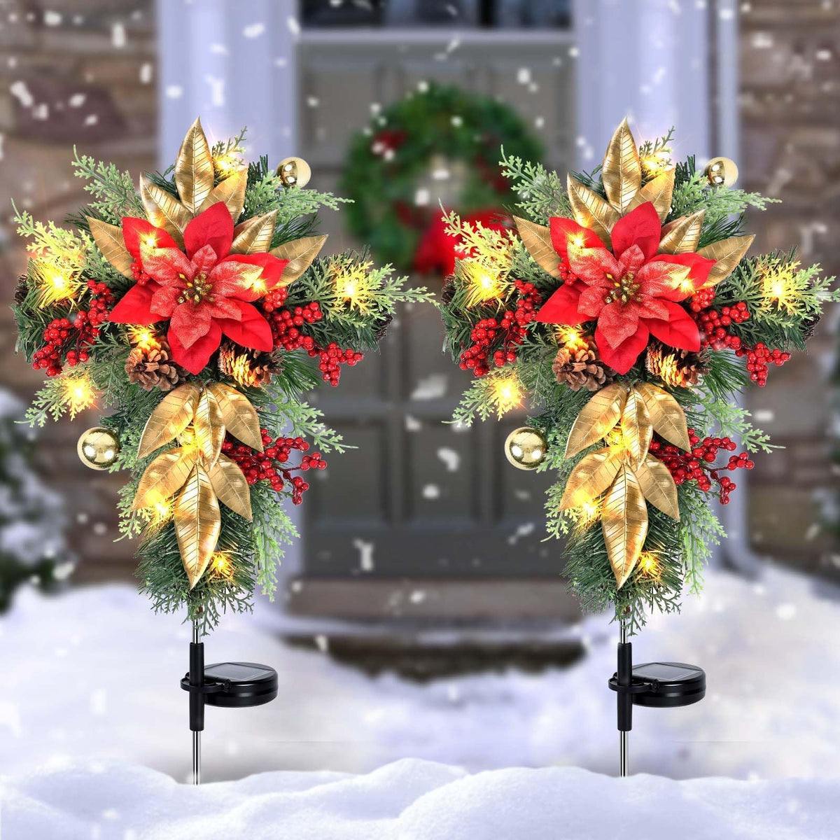 2 Pack 36" Solar Christmas Decorations Outdoor Christmas Cross Stake Lights Waterproof Cemetery Grave Decoration Faux Poinsettia Pine Cones Berries Ornament Stakes for Garden Yard Patio Lawn Cemetery
