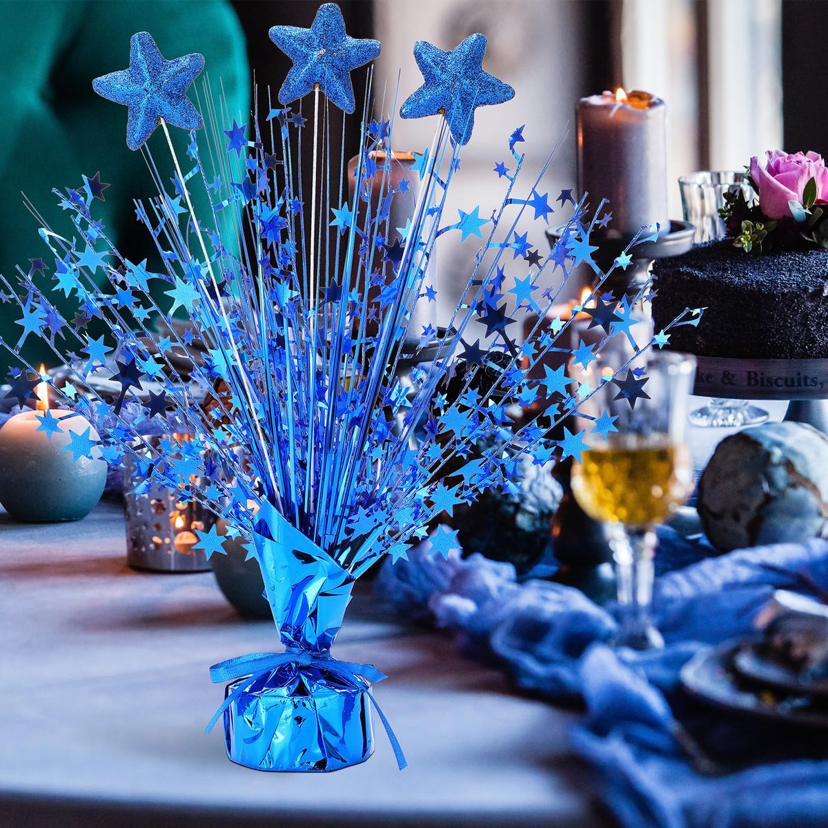 Wenqik 6 Pcs Metallic Foil Spray Centerpiece Star Table Party Decoration Burst Centerpieces Table Decor for Party Birthday Wedding Anniversary Memorial Dining Graduation Holiday Supplies(Blue)