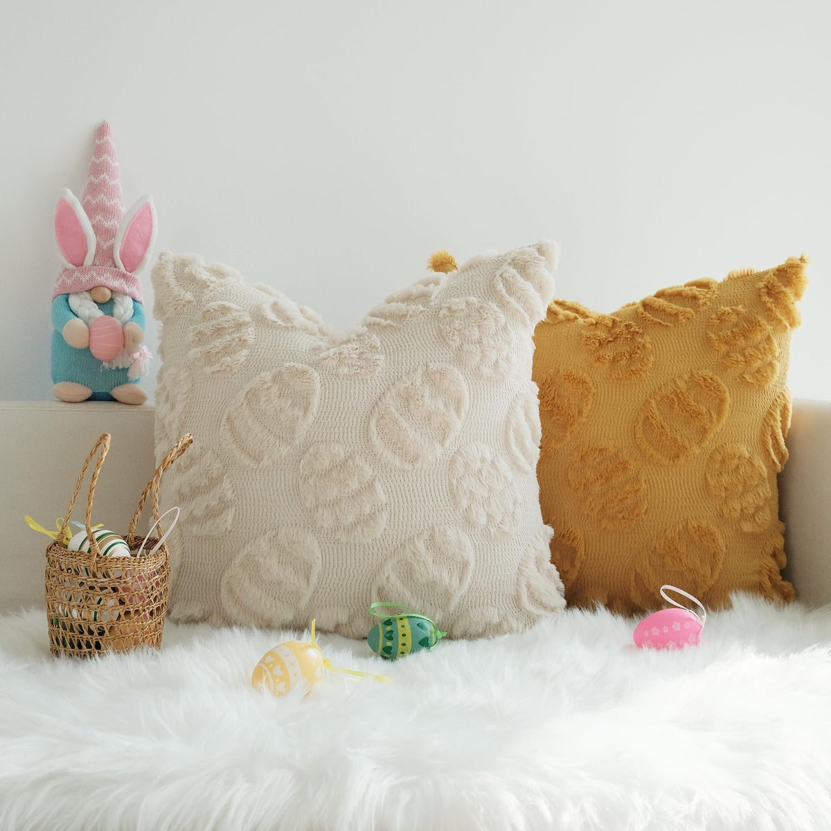 JOJUSIS Decorative Pillow Covers Pack of 4 Spring Throw Pillowcases Faux Fur Couch Cushion Easter Egg 18 x 18 Inch