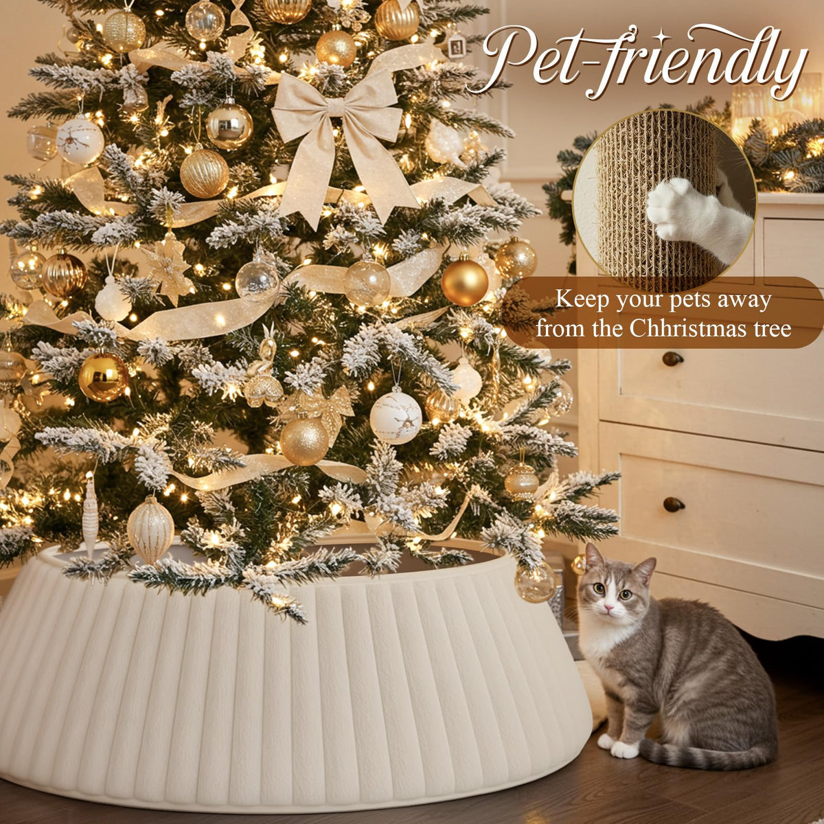 OurWarm White Christmas Tree Collar, Luxury Plush Faux Fur Tree Collar with Stripe Textured Pattern, Soft Fluffy Xmas Tree Ring Boho Tree Skirt for Holiday Decorations Indoor Home Decor