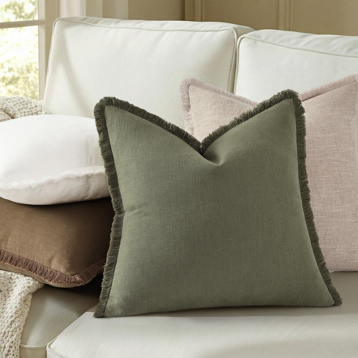 decorUhome Summer Decorative Neutral Linen Fringe Throw Pillow Covers Set of 2 Olive Green Pillow Covers with Tassels Soft Farmhouse Boho Accent Pillow Cases for Couch Bed Sofa 18x18 Inch