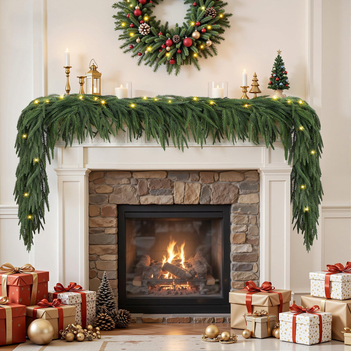 9ft Artificial Christmas Garland with Lights, Real Touch Norfolk Pine Garland - Pine Garlands, Prelit Green Christmas Garland for Mantle, Table, Fireplace, Indoor, Outdoor Christmas Decorations