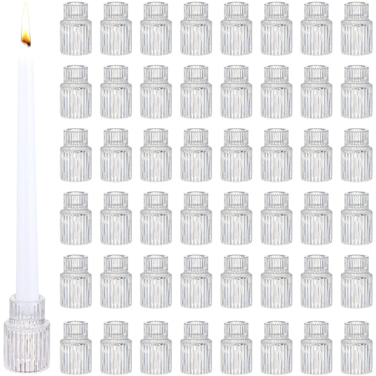 48 PCS Glass Taper Candle Holders Bulk Crystal Candlestick Holders Clear Ribbed Tapered Candle Stick Holder Decor Set for Table Centerpiece Wedding Party Advent Christmas Home Decoration (48, Clear)