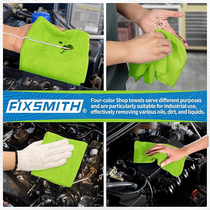 FIXSMITH Microfiber Cleaning Cloth, Shop Towels Bulk, 24 Pack Green Microfiber