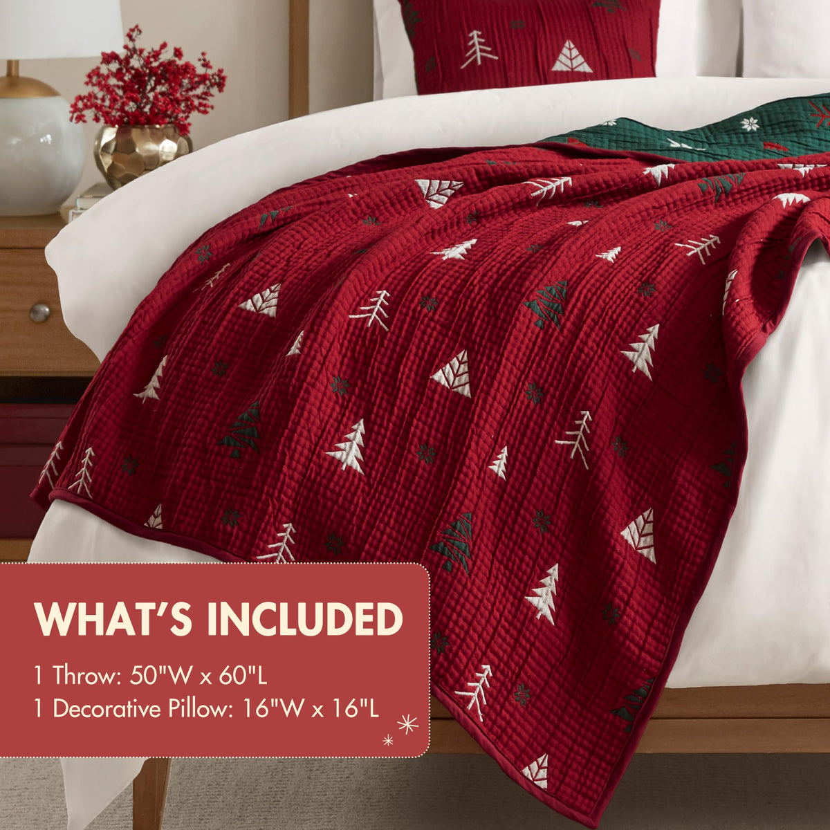 Madison Park Christmas Throw and Decorative Pillow Set, Festive Reversible Jacquard, All Seasonal Lightweight 2-Piece Bedding, 50" W x 70" L, Red/Green