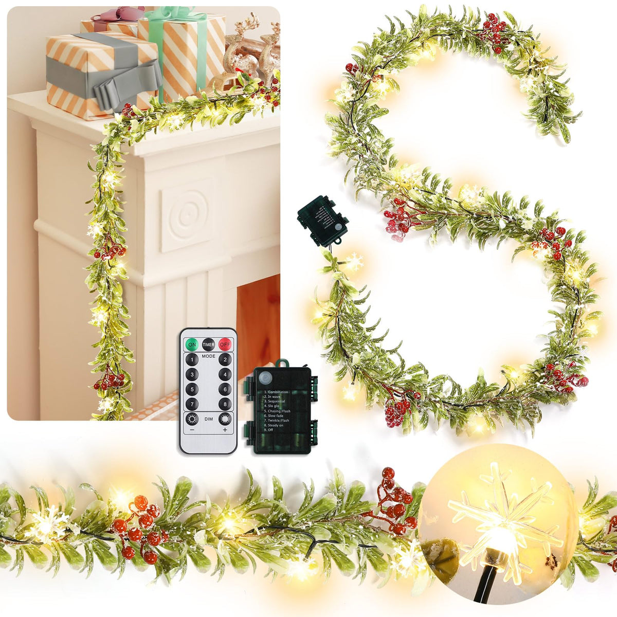 Ganeen 6 ft Christmas Light up Garland Prelit Snowy Olive Garland with 20 LED Battery Operated Lighted Olive Branch with Snowflake Berries Timer Remote for Xmas Winter Decor(Red Berries,Flocked)
