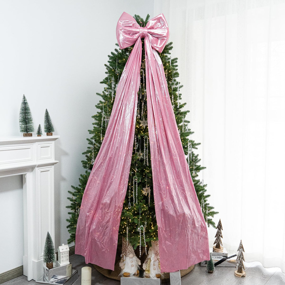 Hismir Christmas Tree Topper Bow，67x16 Inch Extra Large Room Decor Ribbon Bow for Wedding Engagement Birthday Party，Giant Xmas Bow Decorations for Home Wreath Door Wall(Pink)