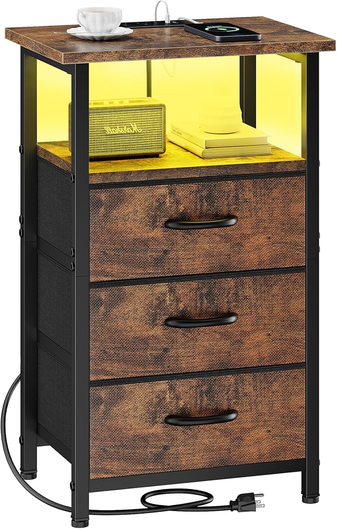 Vagusicc Night Stand with Charging Station, LED Nightstand