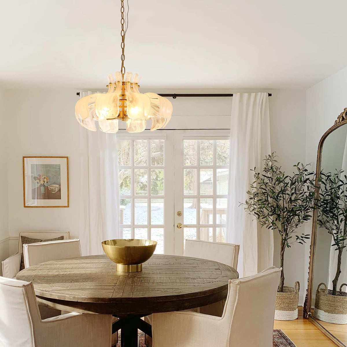 Wrlmfy Hammered Alabaster Glass Chandelier, 18" Hand-Blown Glass Pendant Brass Gold Hanging Lighting Fixture for Kitchen Island Dining Living Room Entryway, E12 Base (Gold & White Hammered Glass)