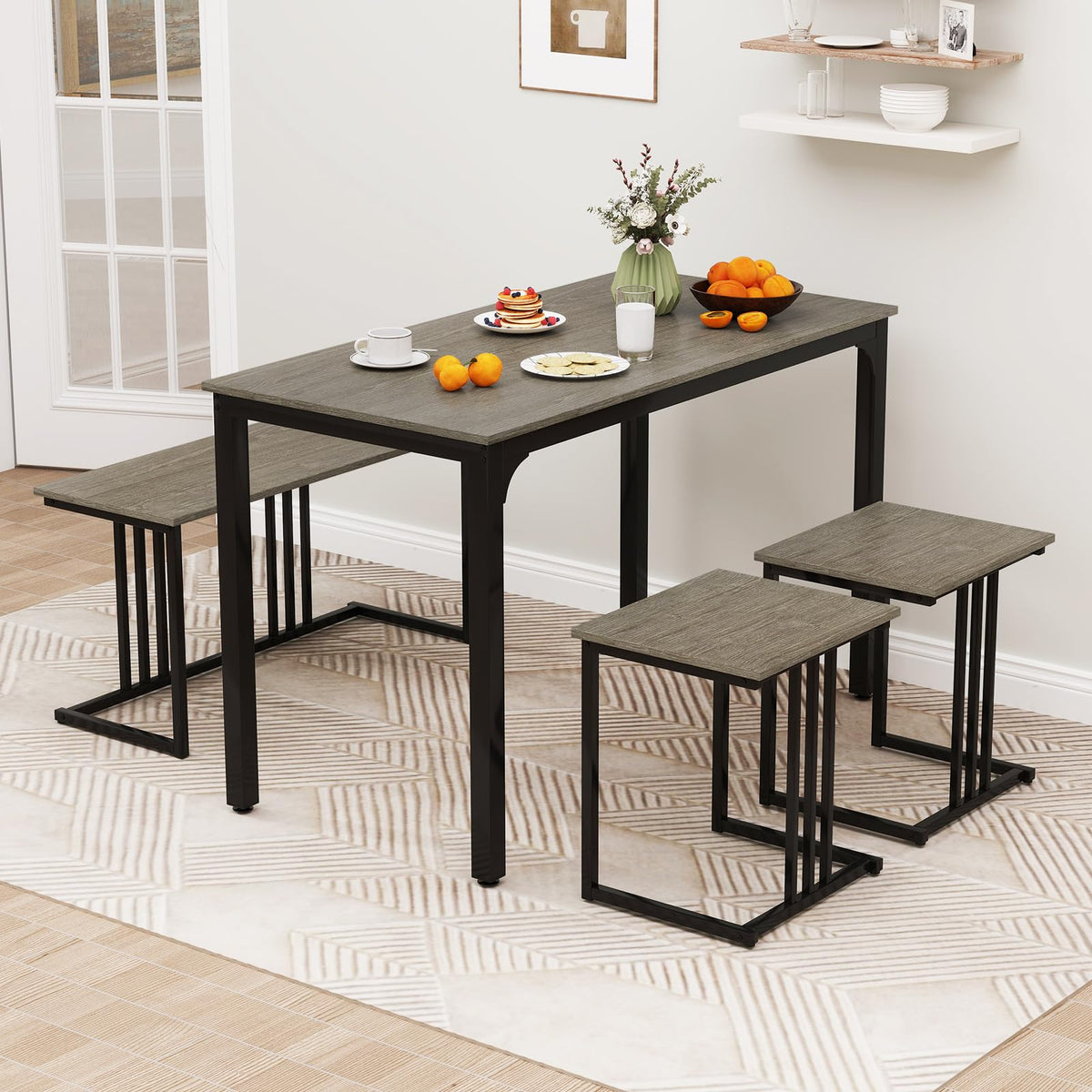 Giantex 4-Piece Dining Table Set for 4, Modern Kitchen Table and Chairs, Nesting Furniture Set with Bench & 2 Stools, Space-Saving Desk Set, Dinette Set for Small Place, Dining Room Restaurant (Grey)