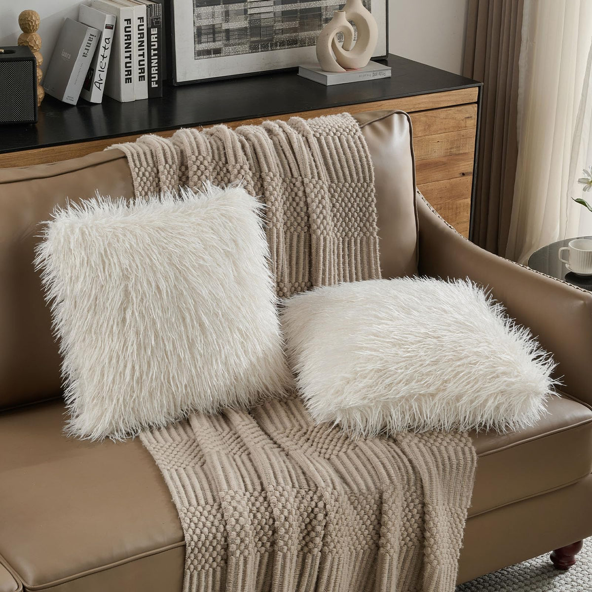 FUTEI Pack of 2 Shaggy Mongolian Faux Wool Throw Pillow Covers 18x18 Inch Soft Fluffy Farmhouse Decorative Cushion Case for Couch Bed Living Room, Cream White