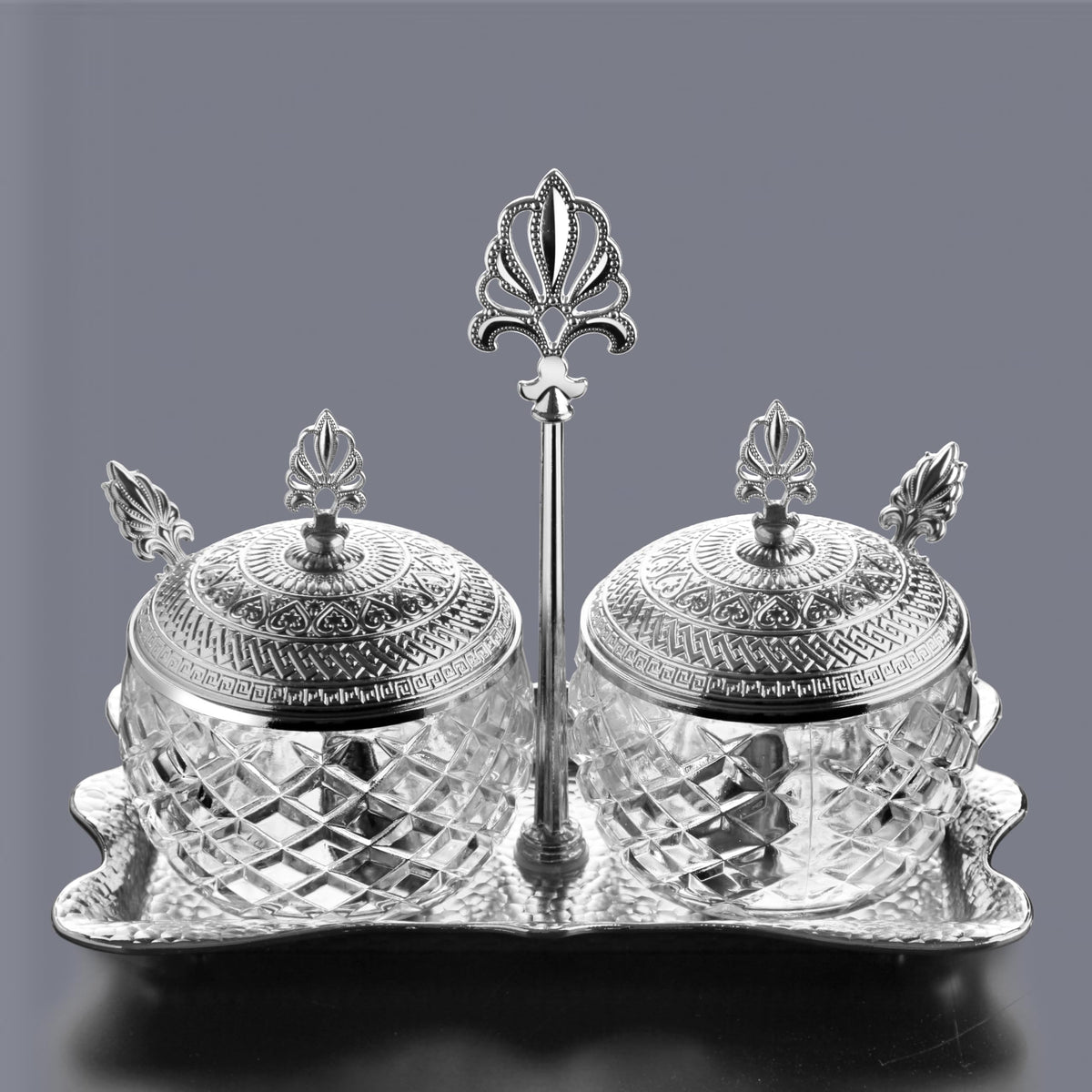 Alisveristime 2-Piece Spice Holder Set with Zamac Lids, Glass Jars, and Metal Tray Stand - Elegant Storage for Sugar, Salt, and Spices (Gold & Silver) (Silver)