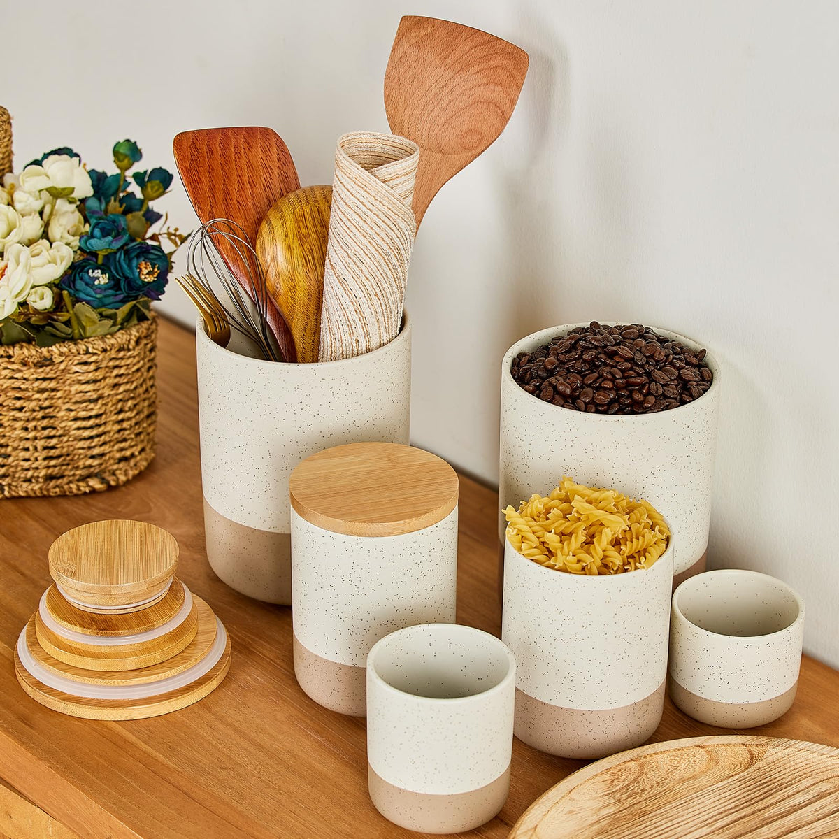 Yangbaga Canisters Sets for Kitchen Countertop-Set of 4 Ceramic Kitchen Canisters Food Storage Jar with Airtight Wood Lids & Spoons & Label,Large Flour and Sugar Containers for Serving Ground Coffee