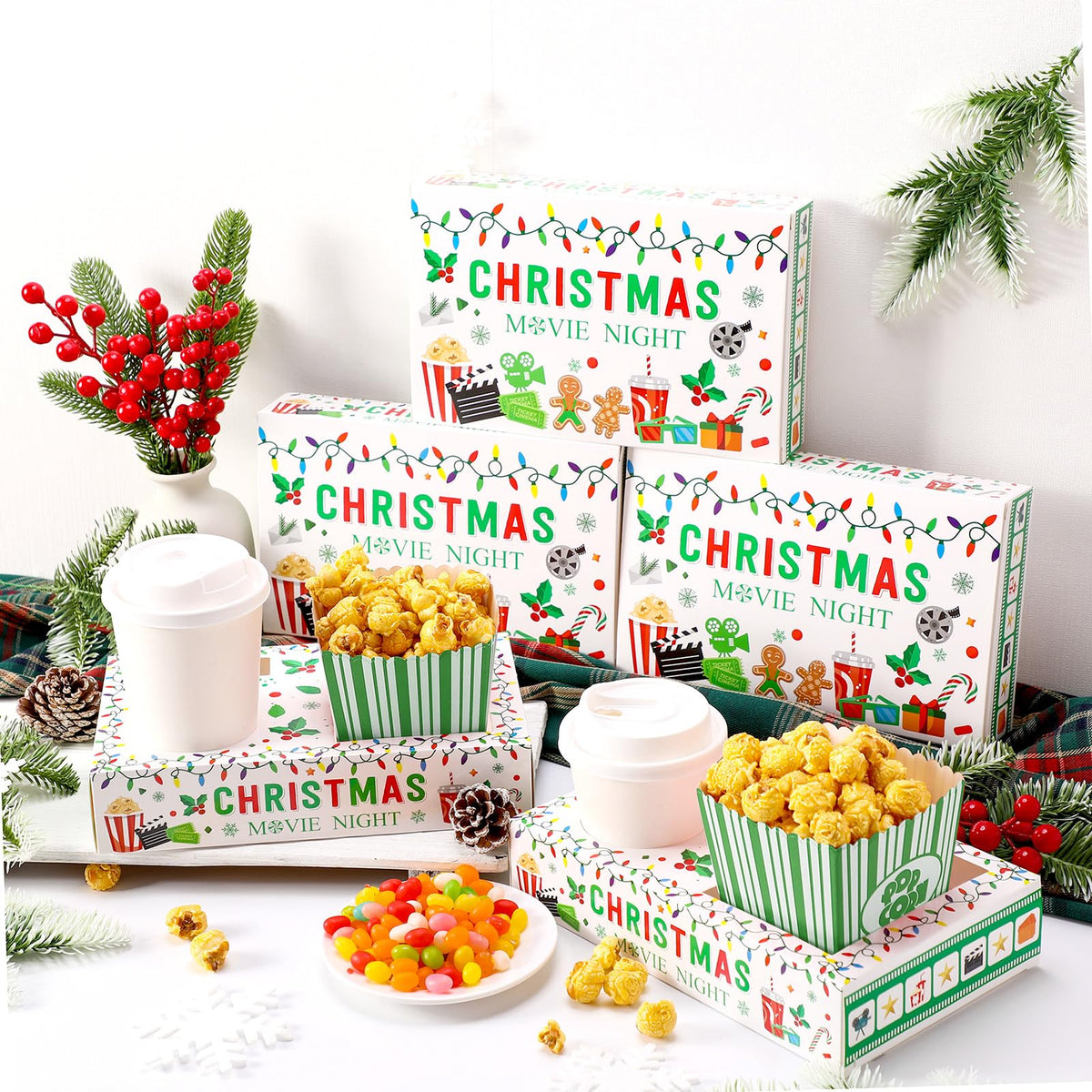 Dunzoom 20 Pcs Christmas Movie Night Supplies Movie Night Paper Snack Trays Popcorn Candy Holder Theater Snack Boxes Cardboard Holder Food Trays for Party