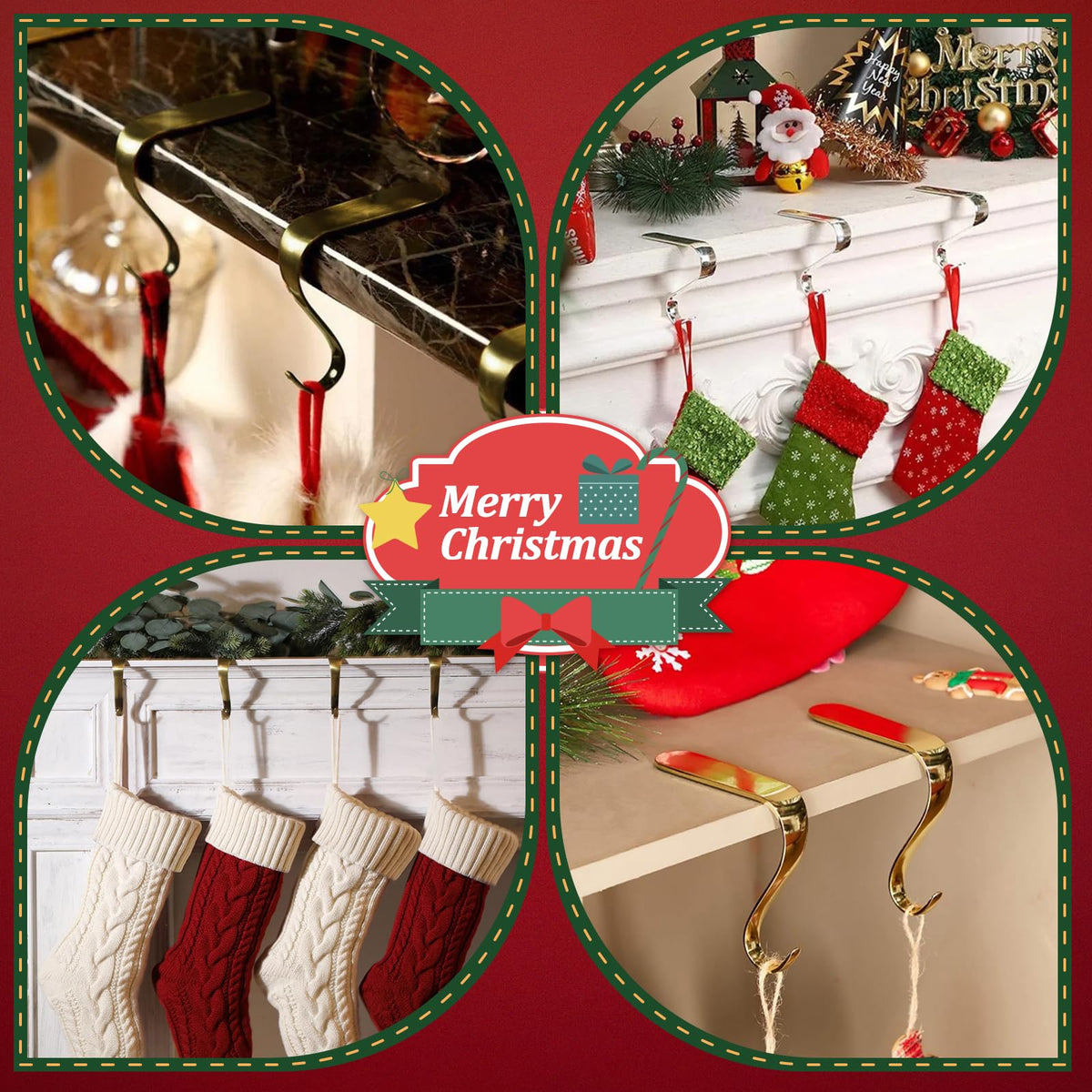 Edoneery Christmas Stocking Holders for Mantle with Silicone Anti-Slip Strips, Fireplace Stocking Hangers for Shelf, Garland Grips Hooks for Xmas & Family Party Decoration (Black 6 Pack, 6)