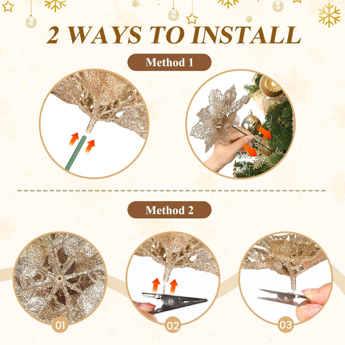 Alupssuc 24 PCS Christmas Tree Decorations, 12 PCS Poinsettia Flowers Artificial+6 PCS Glitter Holly Berry Stems+6 Berry Leaves Christmas Tree Picks for Party Wreath Fireplace, Champagne Gold