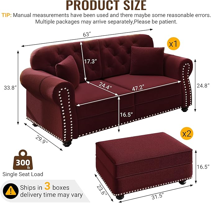 KEIKI 63" Velvet Chesterfield Sofa