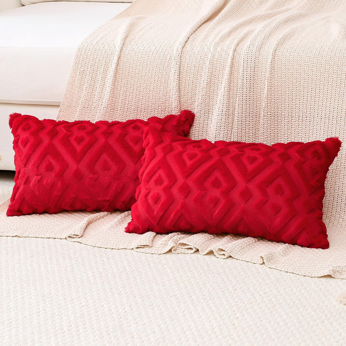 Artscope Pack of 2 Soft Plush Short Wool Velvet Decorative Throw Pillow Covers Luxury Style Cushion Covers Christmas Pillow Shell for Sofa Bedroom Diamond Shape Red, 16x24 Inch