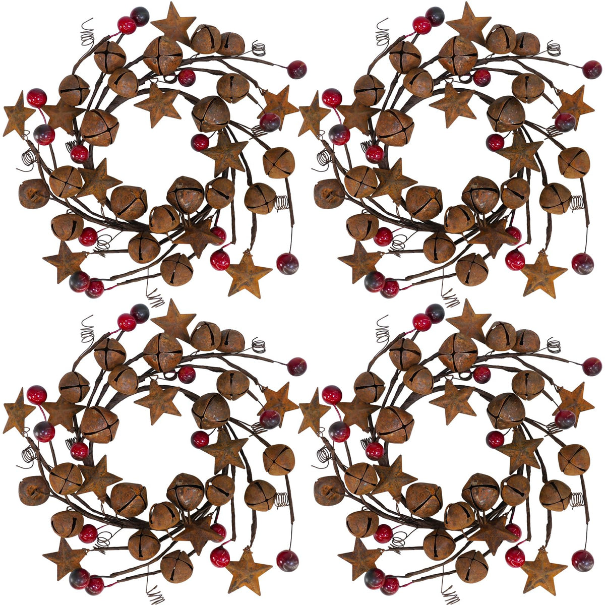Winlyn 4 Pcs Christmas Jingle Bells Candle Rings Rusty Bells and Stars Wreaths Burgundy Berries 4.1" Center Mini Decorative Wreaths for Primitive Farmhouse Holiday Home Table Decoration Centerpiece