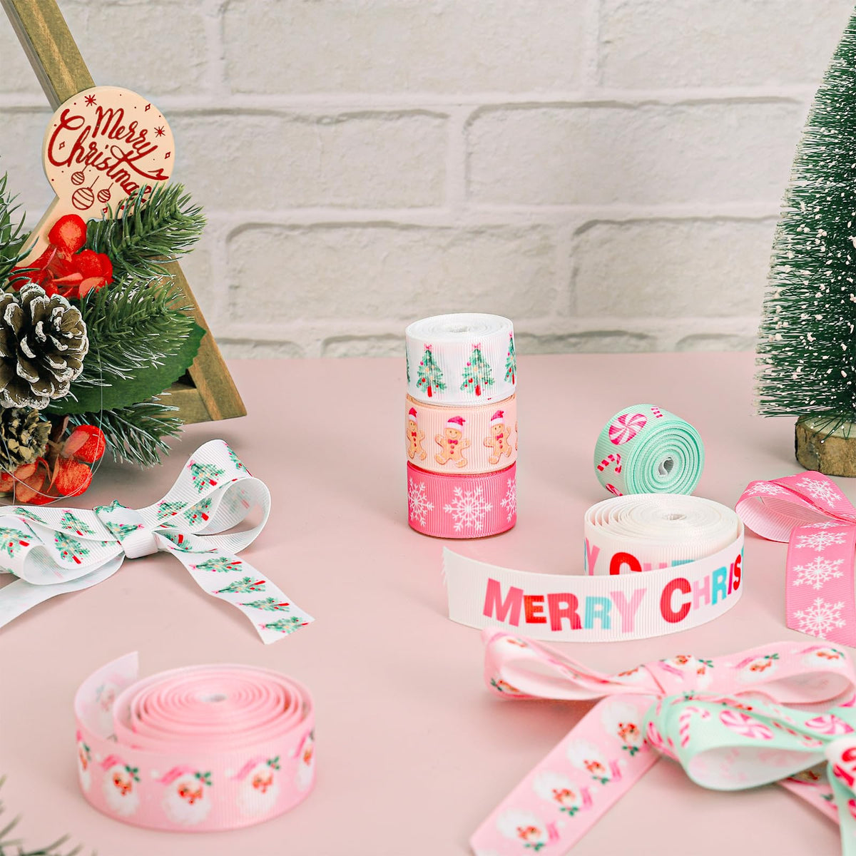 JarThenaAMCS 6 Rolls Christmas Grosgrain Ribbon 7/8" Pastel Pink Green Xmas Tree Candy Snowflake Santa Gingerbread Man Fabric Craft Ribbons for Bow Gift Wrap Holiday Birthday Party Decor, 30 Yards